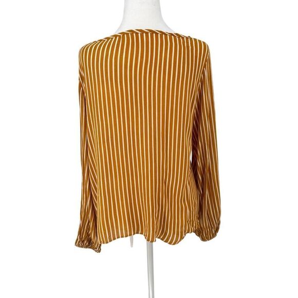 🌟 EVERLY Mustard Yellow & White Striped Long Sleeve Blouse Boho Chic V-Neck Top - Picture 5 of 10